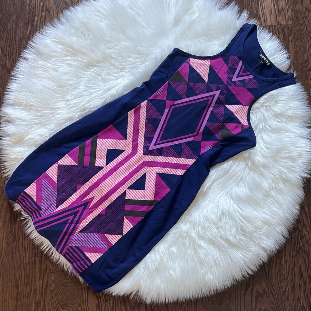 Express Geometric Bodycon Dress Pink Blue Purple High Neck Minidress